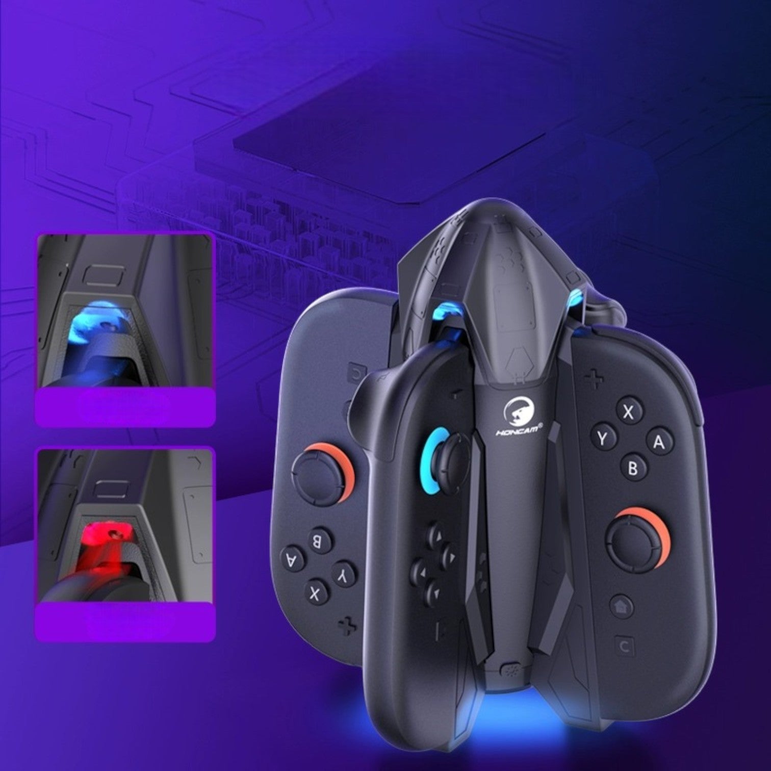 HONCAM Switch Joy-Con Charging Dock with Magnetic Alignment, 7-Color Ambient Light, Protective Cover Support & Storage Organizer - cabestdeal